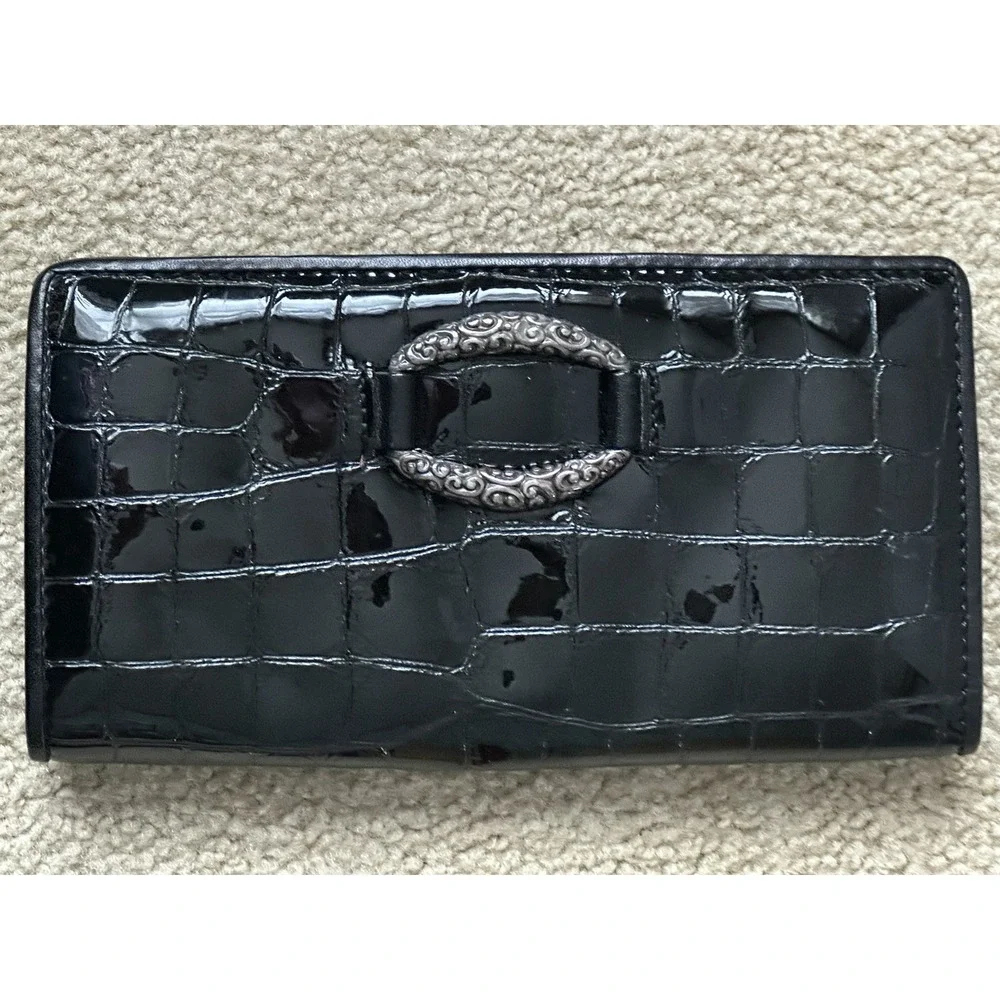 Brighton Patent Leather WALLET Crossbody Convertible‎ Clutch BLACK Croc Tri Fold
